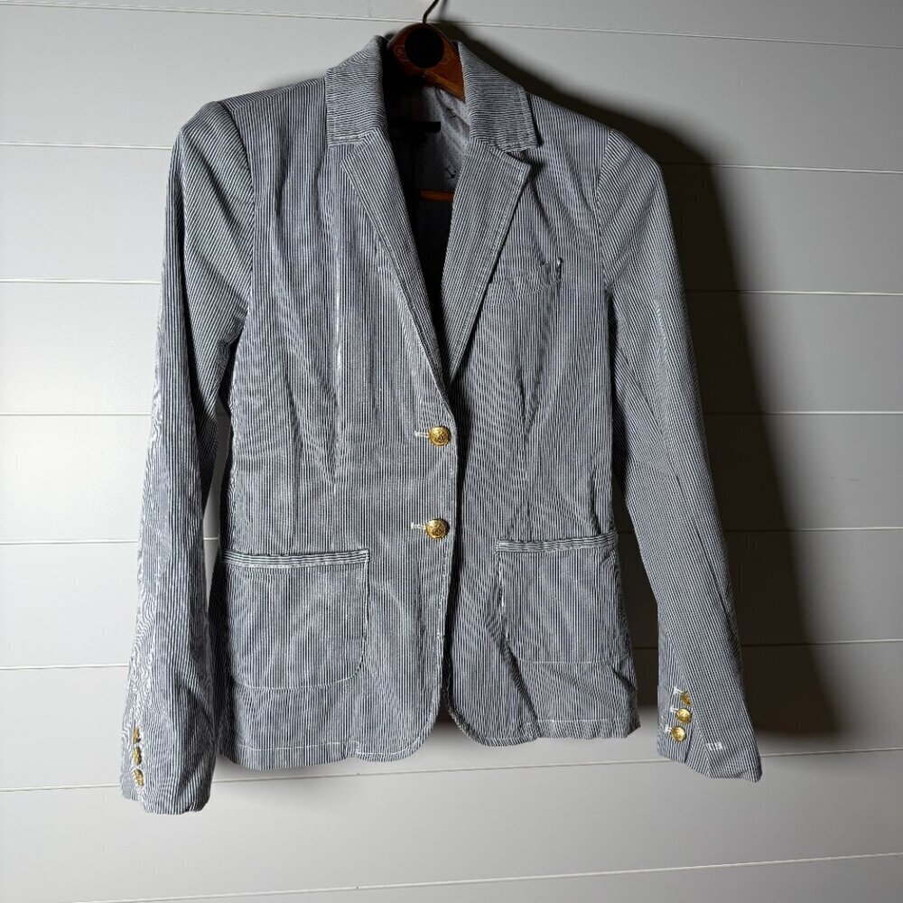 Tommy Hilfiger Sear Sucker Navy White Stripe Brass Buttons Blazer Size Medium